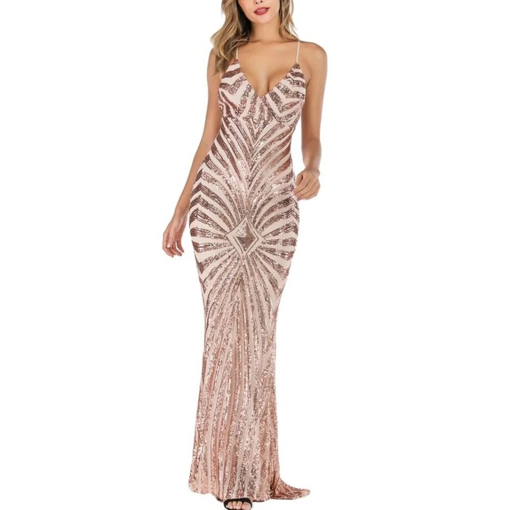 Fitted Flowing Mermaid Silhouette Glam Gown Rose Gold Sequin Glitter Maxi Dress
